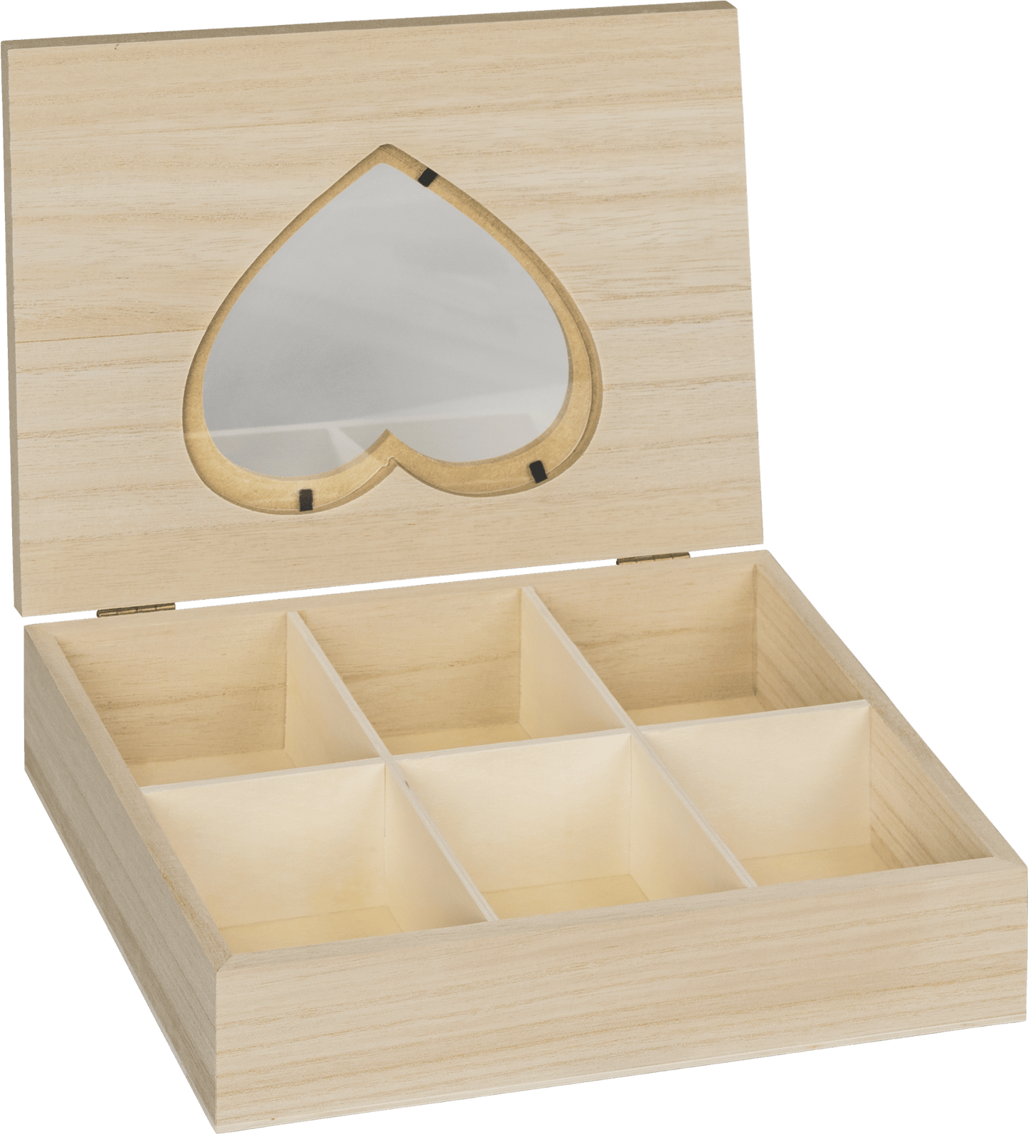 24cm Natural Wooden Glass Pane Box Heart 6-Compartment Craft Jewellery Box