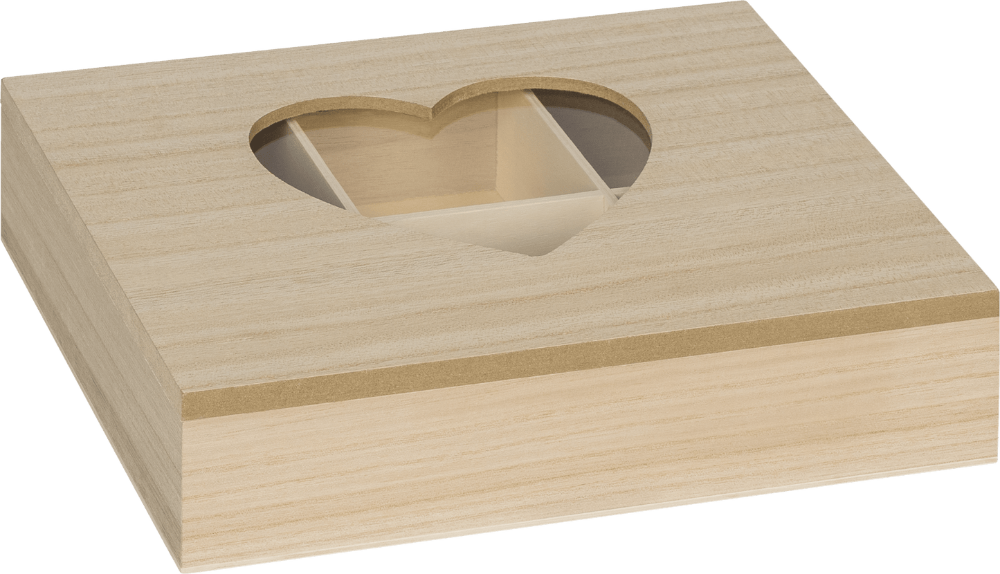 24cm Natural Wooden Glass Pane Box Heart 6-Compartment Craft Jewellery Box