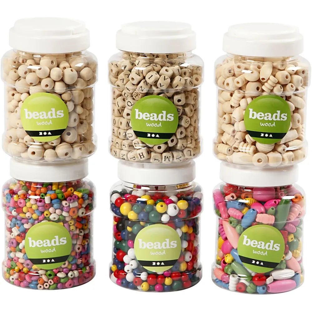 6 x Wooden Bead 400ml Tubs - All Shapes & Colours Jewellery Making Supplies Crafts
