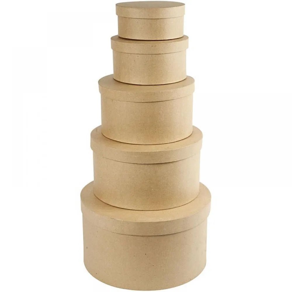 Cardboard Round Hat Boxes With Lid Papier-Mâché Natural 5pc Height: 8-19cm D:16.5-35.5cm