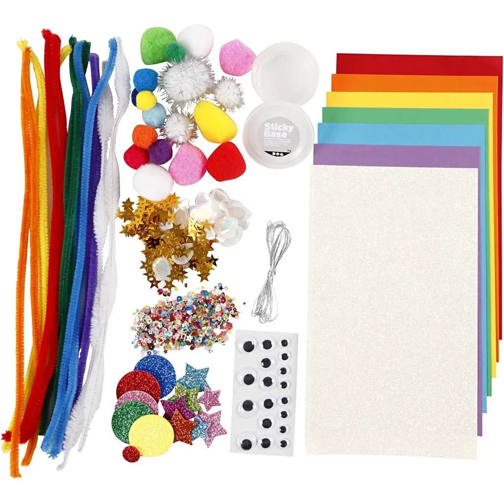Children's All-in-One Rainbow Craft Kit – Glitter Paper Pom-Poms Pipe Cleaners & More for Creative Projects
