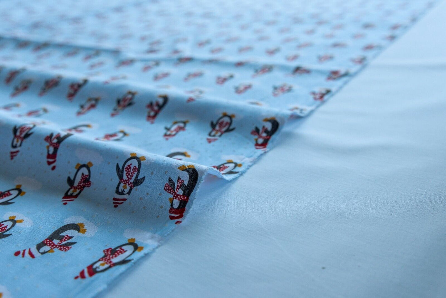 Christmas Dancing Penguin Polycotton Floral Fabric - Blue