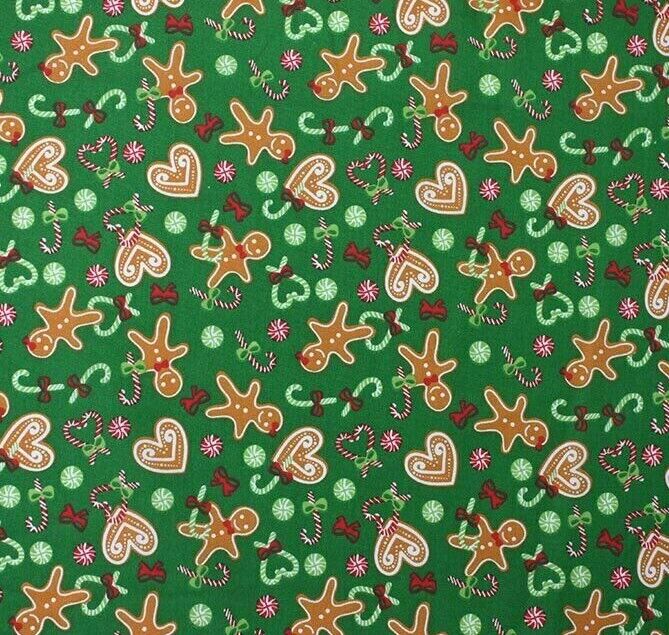 Christmas Gingerbread Polycotton Floral Fabric - Green