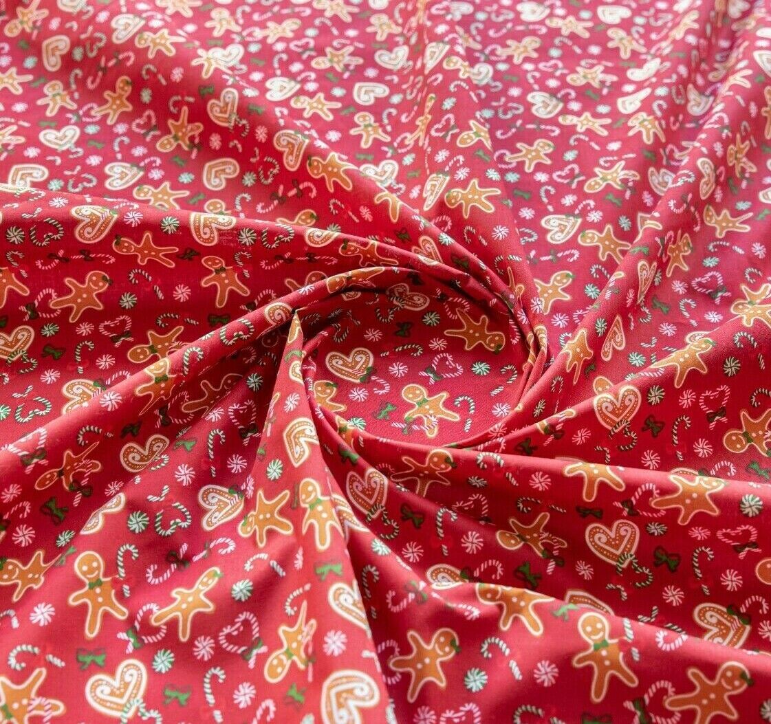 Christmas Gingerbread Polycotton Floral Fabric - Red