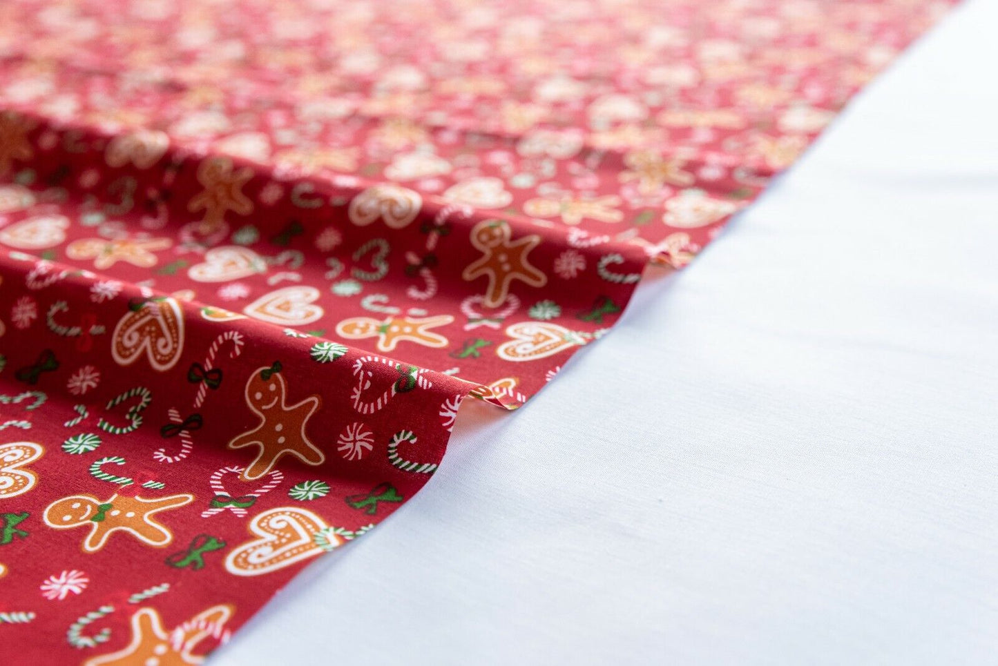 Christmas Gingerbread Polycotton Floral Fabric - Red
