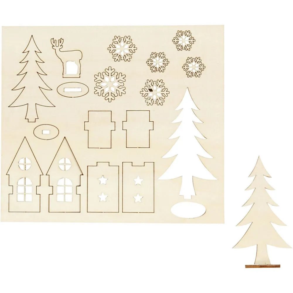 Christmas House Tree Roe Deer Plywood Self Assembly Figures With Foot 15.5cmx17.5cm Decoration Craft