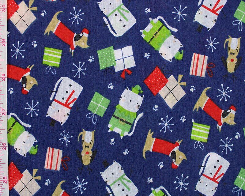 Christmas Sally Cats Polycotton Floral Fabric - Navy