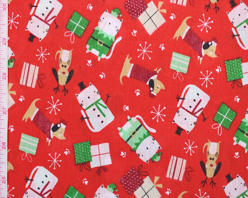 Christmas Sally Cats Polycotton Floral Fabric - Red