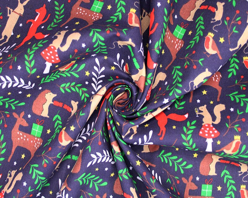 Christmas Sally Forest Party Polycotton Floral Fabric - Navy