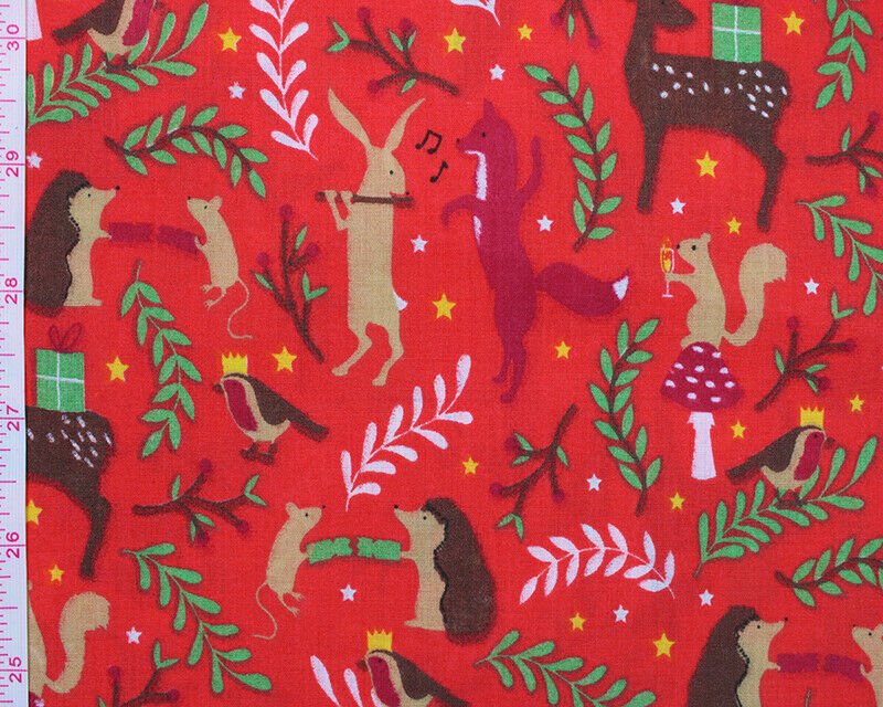 Christmas Sally Forest Party Polycotton Floral Fabric - Red