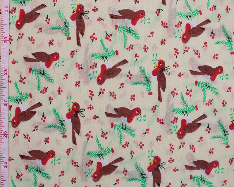 Christmas Sally Rocking Robin Polycotton Floral Fabric - Cream