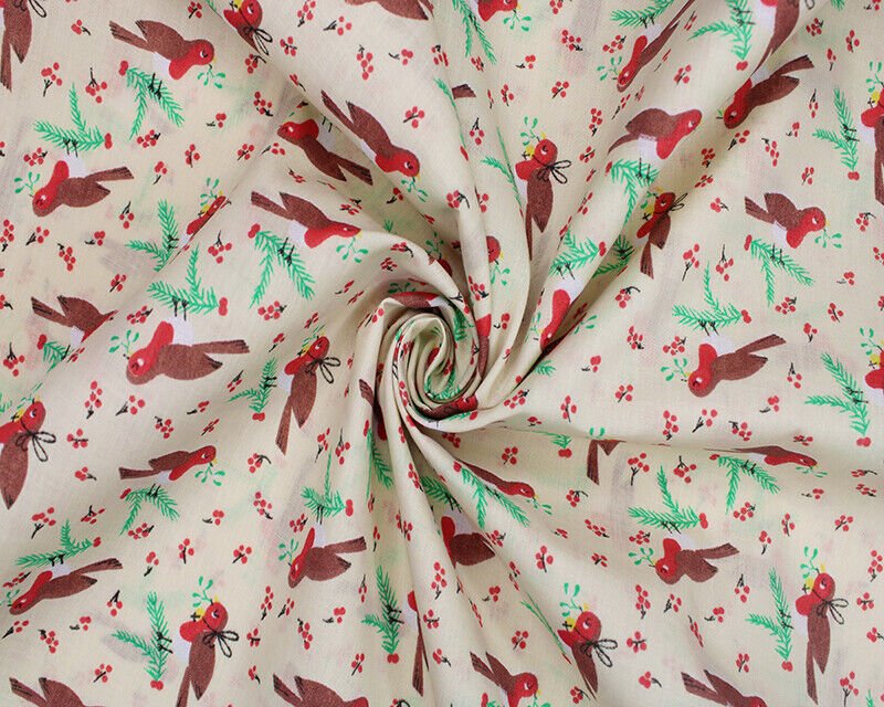 Christmas Sally Rocking Robin Polycotton Floral Fabric - Cream
