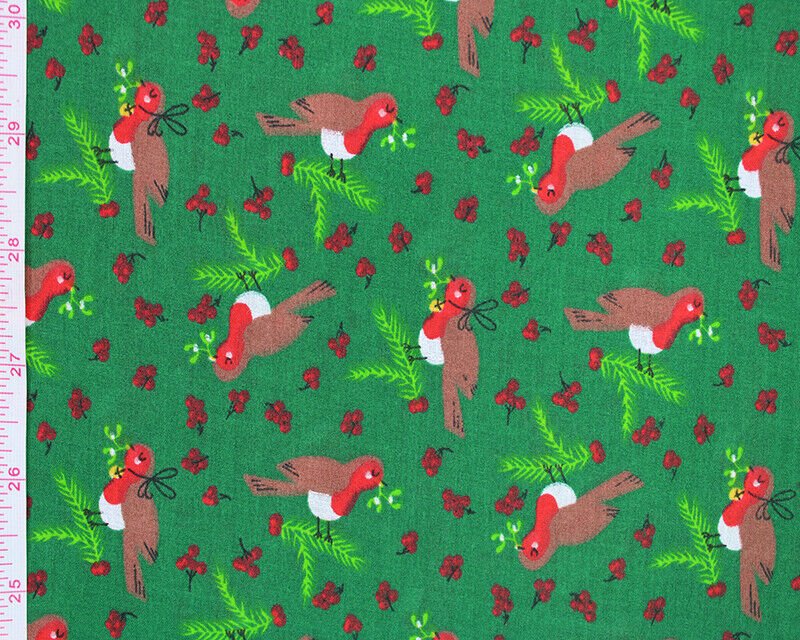 Christmas Sally Rocking Robin Polycotton Floral Fabric - Green