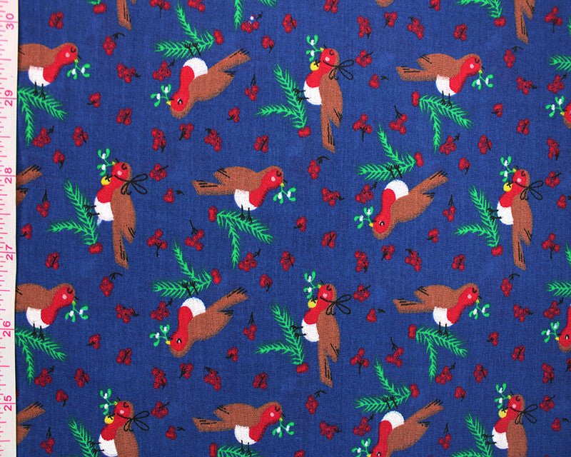 Christmas Sally Rocking Robin Polycotton Floral Fabric - Navy