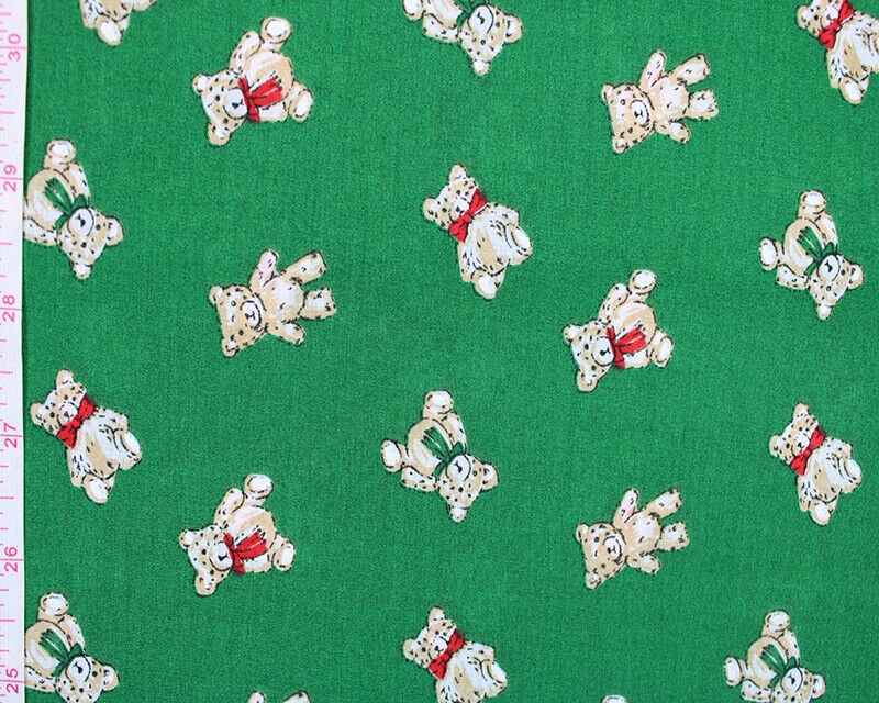 Christmas Sally Teddy Polycotton Floral Fabric - Green