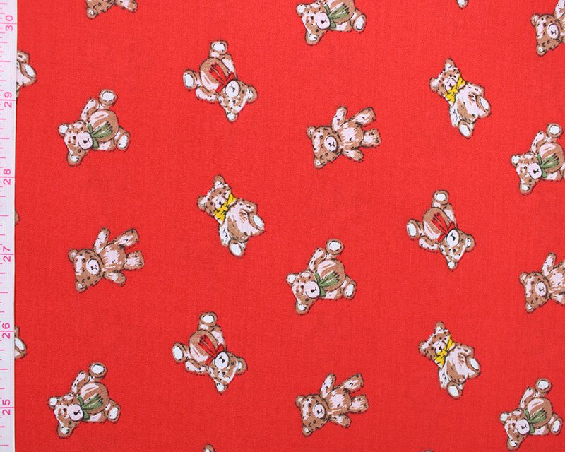 Christmas Sally Teddy Polycotton Floral Fabric - Red