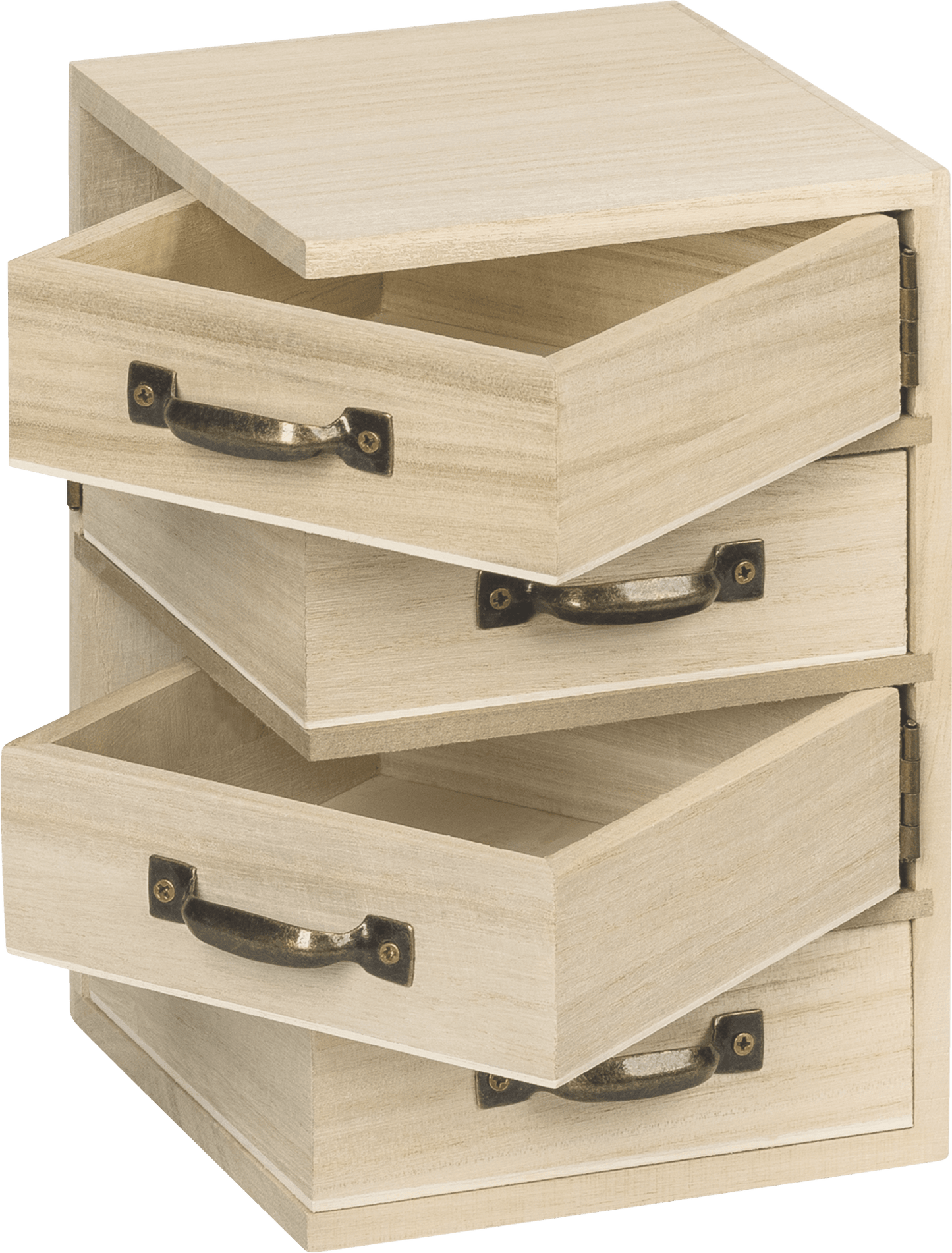 Natural Wooden Commode 12x12x18.5cm 4 Swing-Out Drawers Metal Handles Craft Box