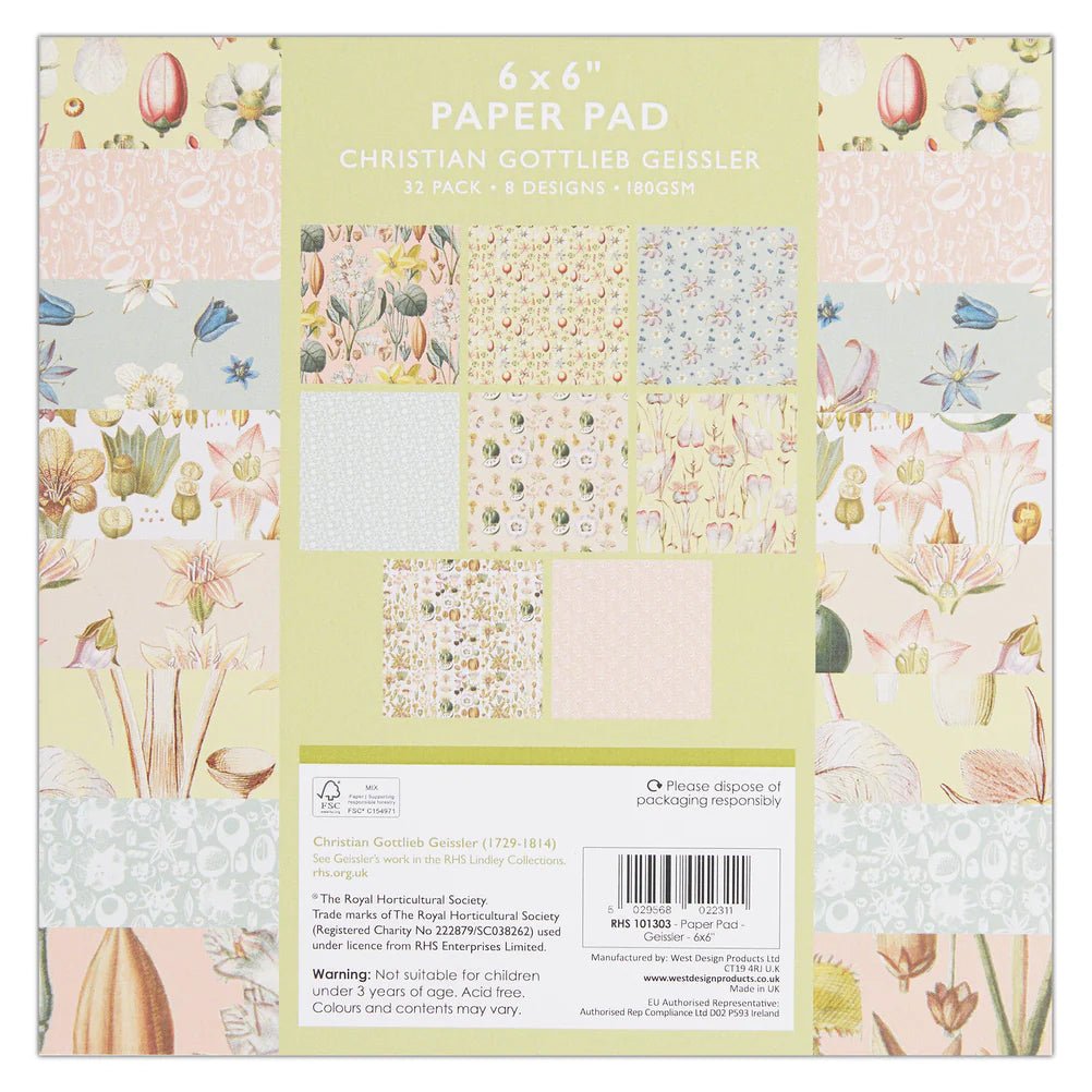 RHS Paper Pad, 180 GSM, 8 Geissler Designs, 6" x 6", 32 Sheets, Premium Patterned Paper, For Cardmaking, Scrapbooking, Decoupage