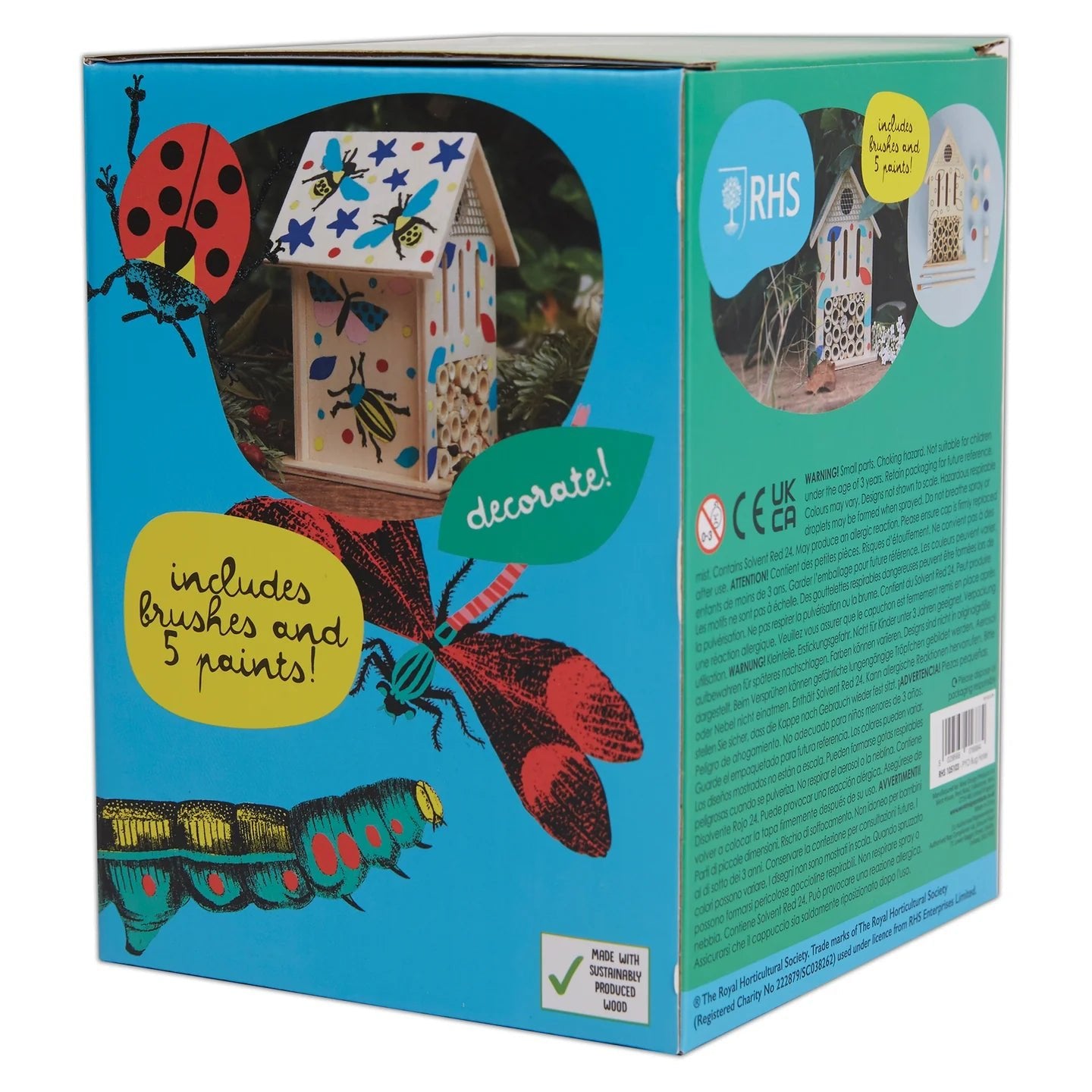 RHS The Royal Horticultural Society Paint Your Own Set With 5 Paints, Brush, Varnish & Instructions, Bug Hotel, White, Includes Paints, Brush & Guide, Blank Bug Hotel With Outlines
