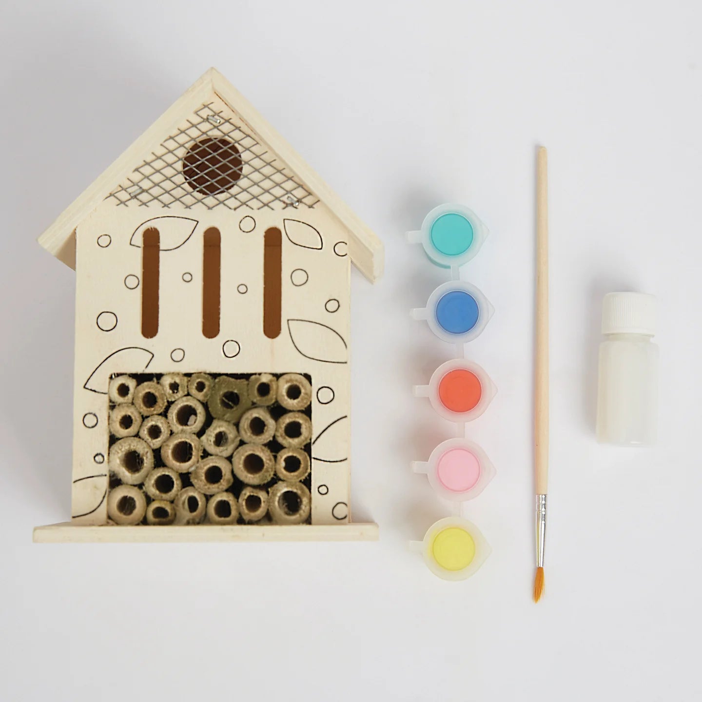 RHS The Royal Horticultural Society Paint Your Own Set With 5 Paints, Brush, Varnish & Instructions, Bug Hotel, White, Includes Paints, Brush & Guide, Blank Bug Hotel With Outlines