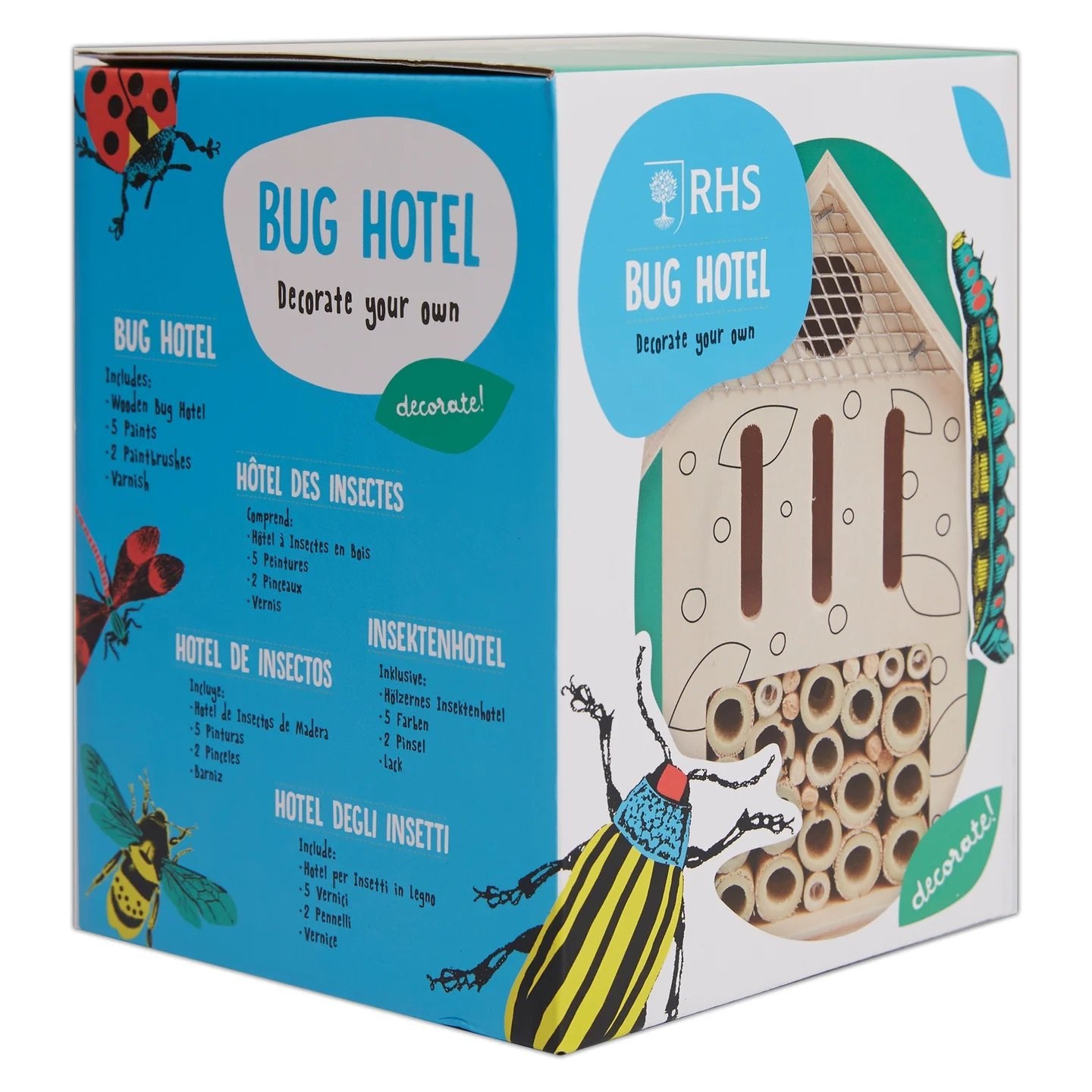 RHS The Royal Horticultural Society Paint Your Own Set With 5 Paints, Brush, Varnish & Instructions, Bug Hotel, White, Includes Paints, Brush & Guide, Blank Bug Hotel With Outlines