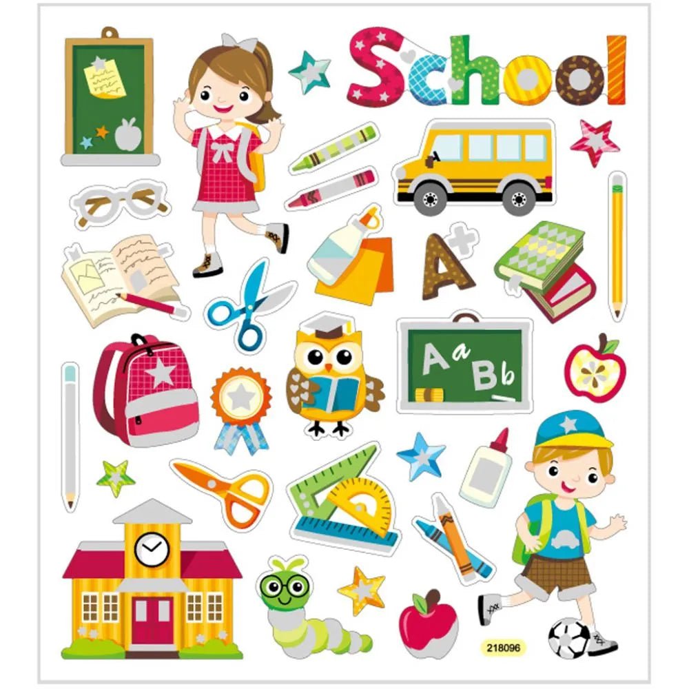 School Plastic Foil Colourful Glitter Stickers 15cm Card Embellishments Sheet