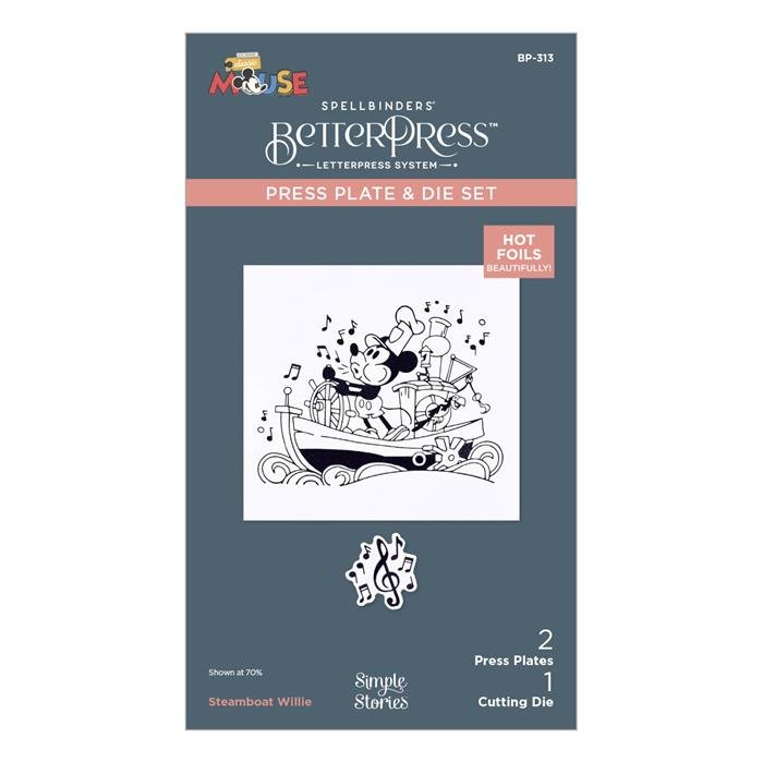 Spellbinders Steamboat Willie BetterPress Plate & Die Set - Letterpress System with Steamboat Scene & Music Notes - Home-Crafts