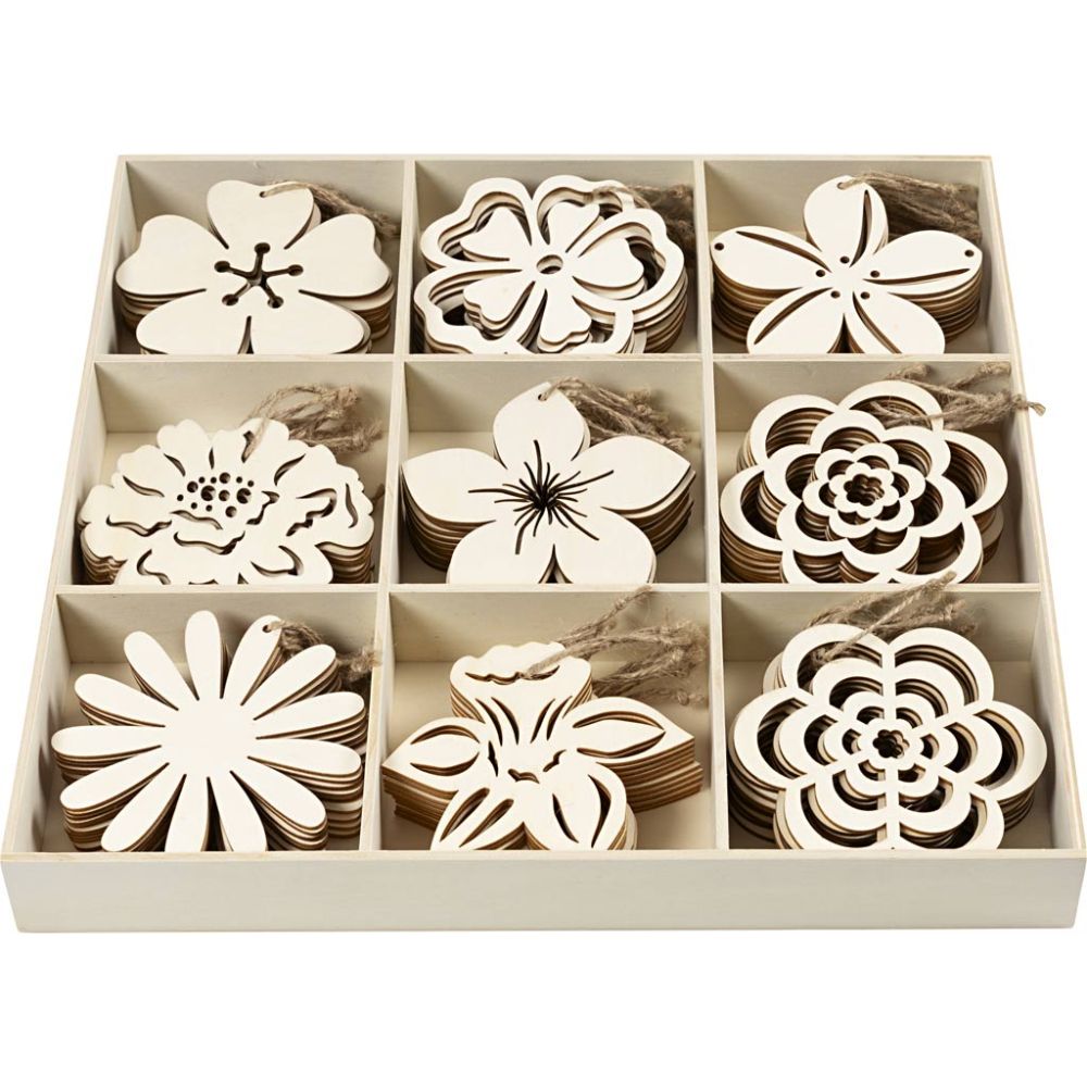 Wooden Ornaments 90 Pack 100mm Flowers Laser Cut Light Wood with Cord - Home-Crafts