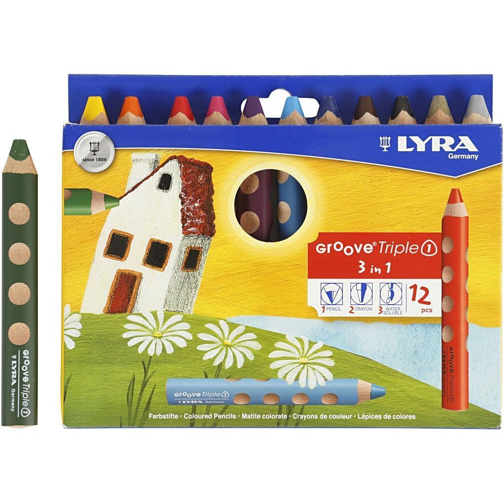 12 x Lyra 3 in 1 Assorted Colour Colouring Pencils 12 cm - Home - Crafts