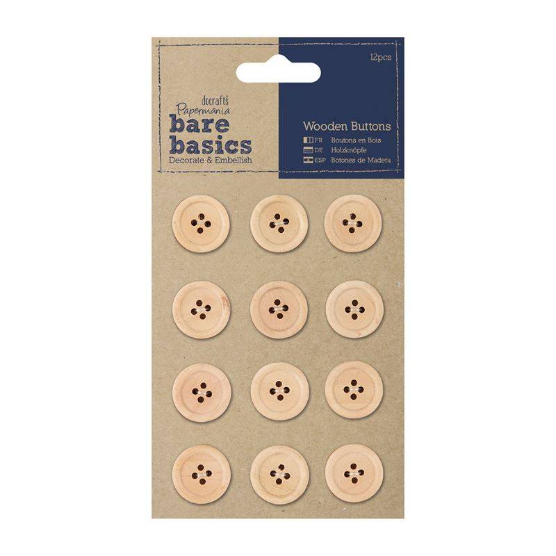 12 x Papermania Bare Basics Natural Brown Wooden Buttons Scrapbooking Crafts - Home - Crafts