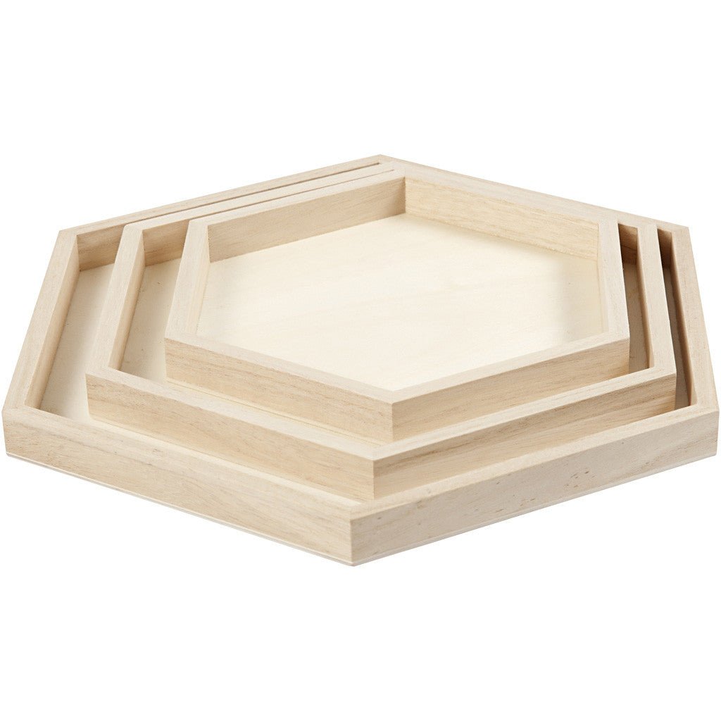 3 x Assorted Size Empress Wood Hexagonal Trays Serving Decoration Crafts - Home - Crafts