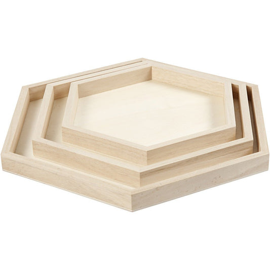 3 x Assorted Size Empress Wood Hexagonal Trays Serving Decoration Crafts 21 -26 and 31 cm - Home-Crafts