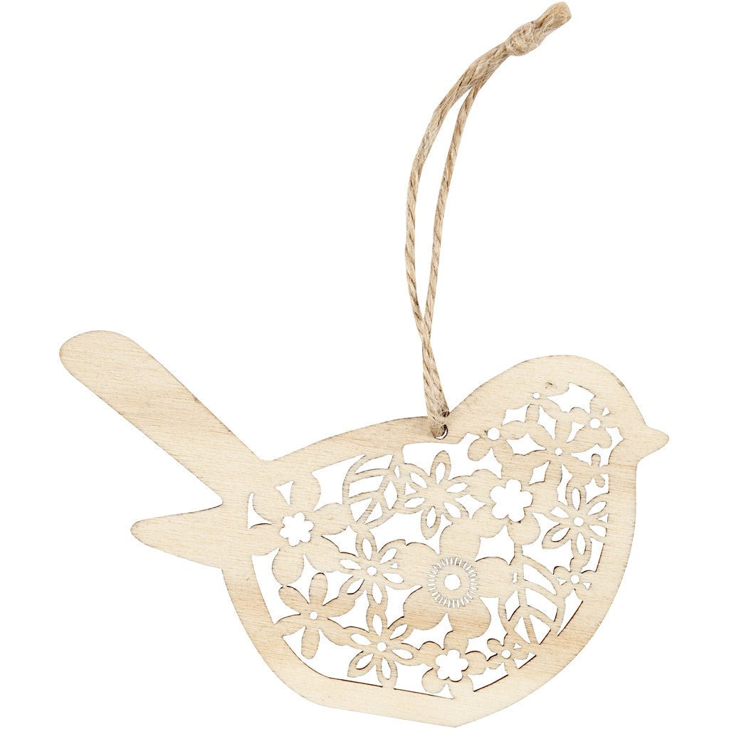 3 x Wooden Ornament Motifs With Cord Hanging Decoration Crafts - Butterfly Bird Flower - Home - Crafts