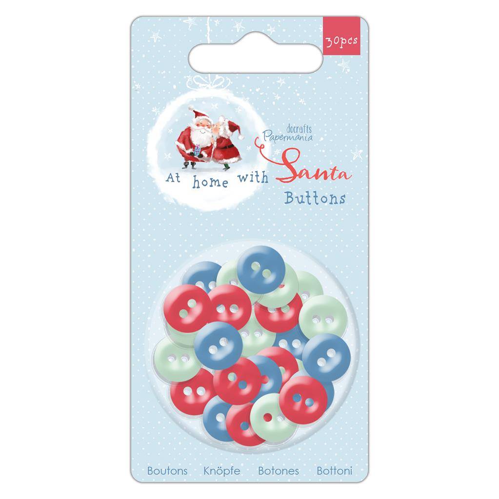 30 x Papermania At Home With Santa Red Blue Green 11.5mm Buttons With 2 Holes - Home - Crafts