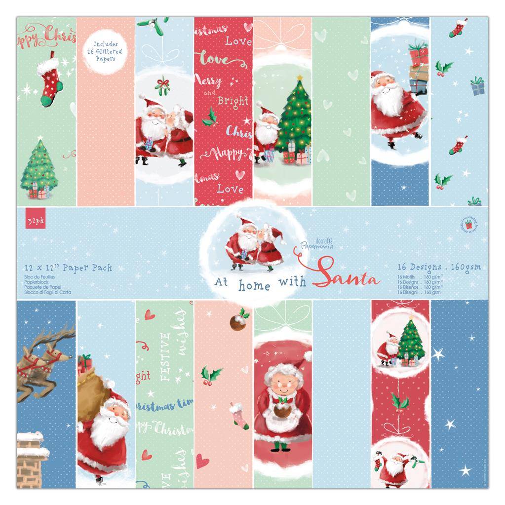 32 x Papermania At Home With Santa 30.5cm /12 In Printed Paper Sheets Pack Crafts - Home - Crafts