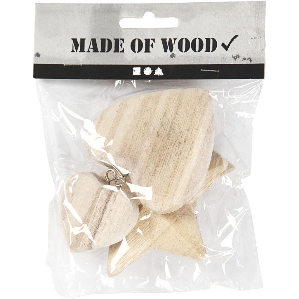 4 x Assorted Size Paulownia Wood Hearts Stars With Eye Hanging Decoration Crafts - Home - Crafts