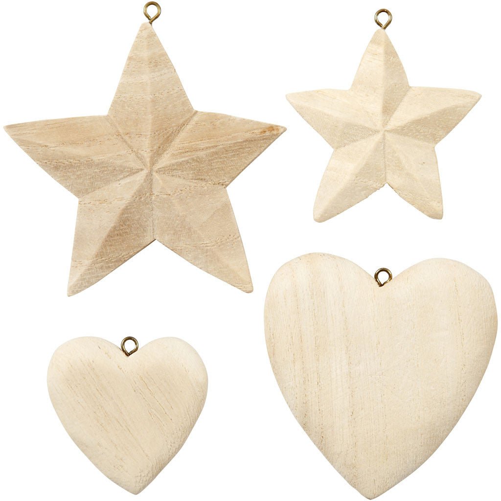 4 x Assorted Size Paulownia Wood Hearts Stars With Eye Hanging Decoration Crafts - Home - Crafts