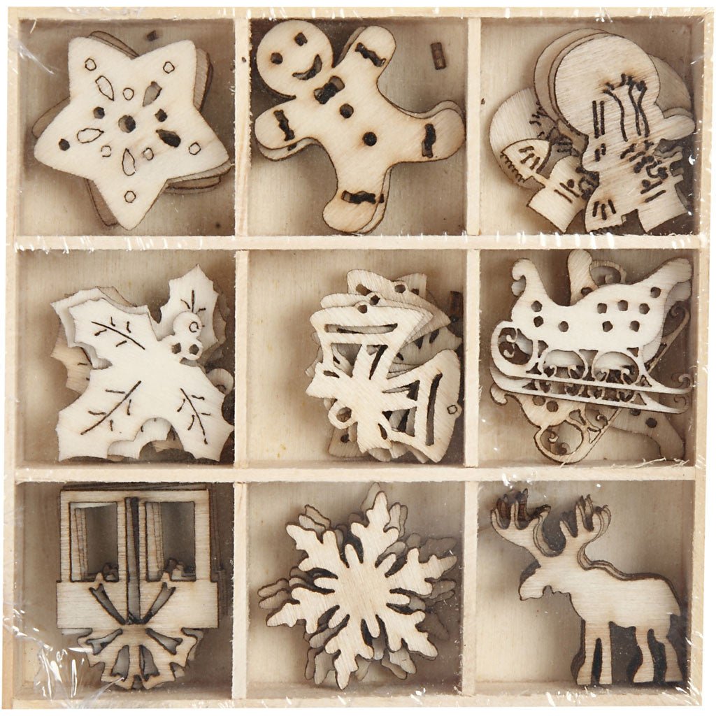 45 x Wooden Die Cut Christmas Ornaments With Box Decoration Crafts 28 mm - Home - Crafts
