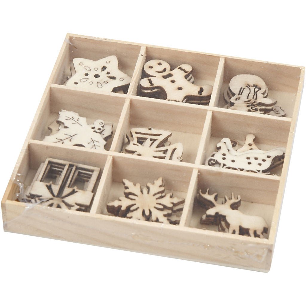 45 x Wooden Die Cut Christmas Ornaments With Box Decoration Crafts 28 mm - Home - Crafts