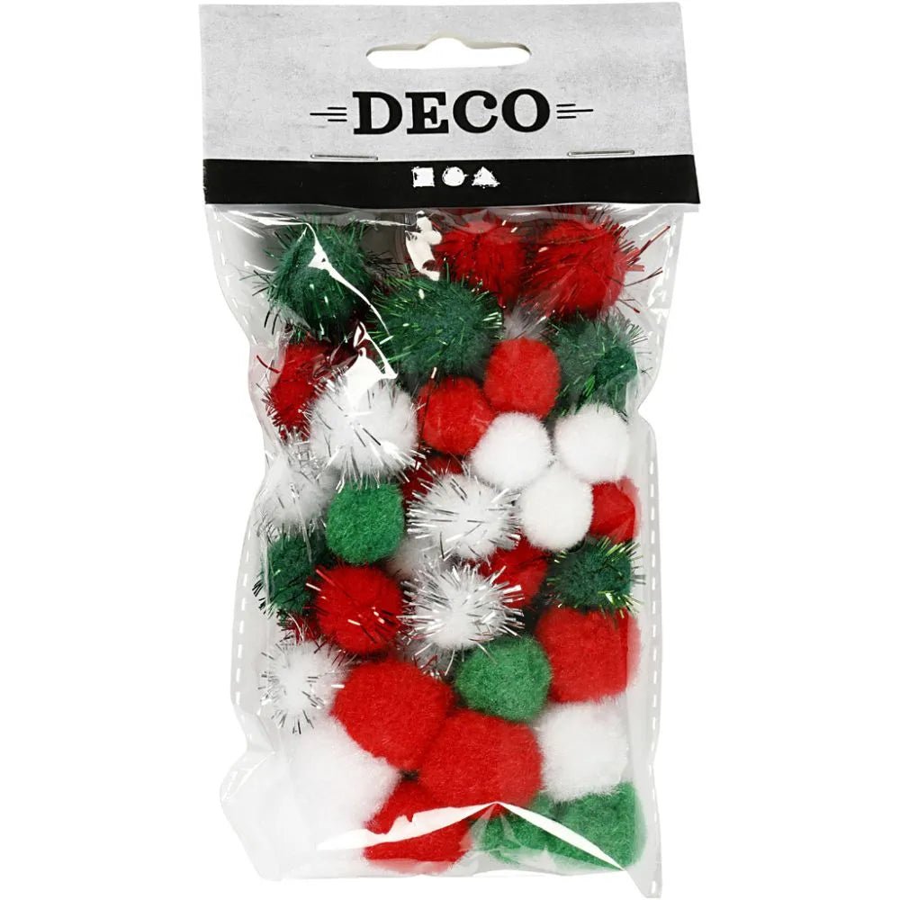 48 x Spherical Mixed Pompoms Green White Red Assorted Size Christmas Deco Crafts