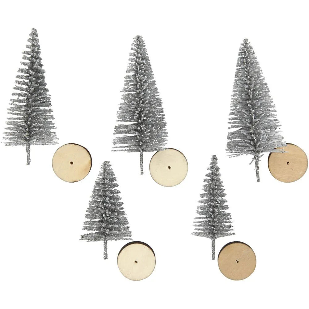 5 x Christmas Silver Spruce Trees Cute Miniature Models Figures 4+6 cm