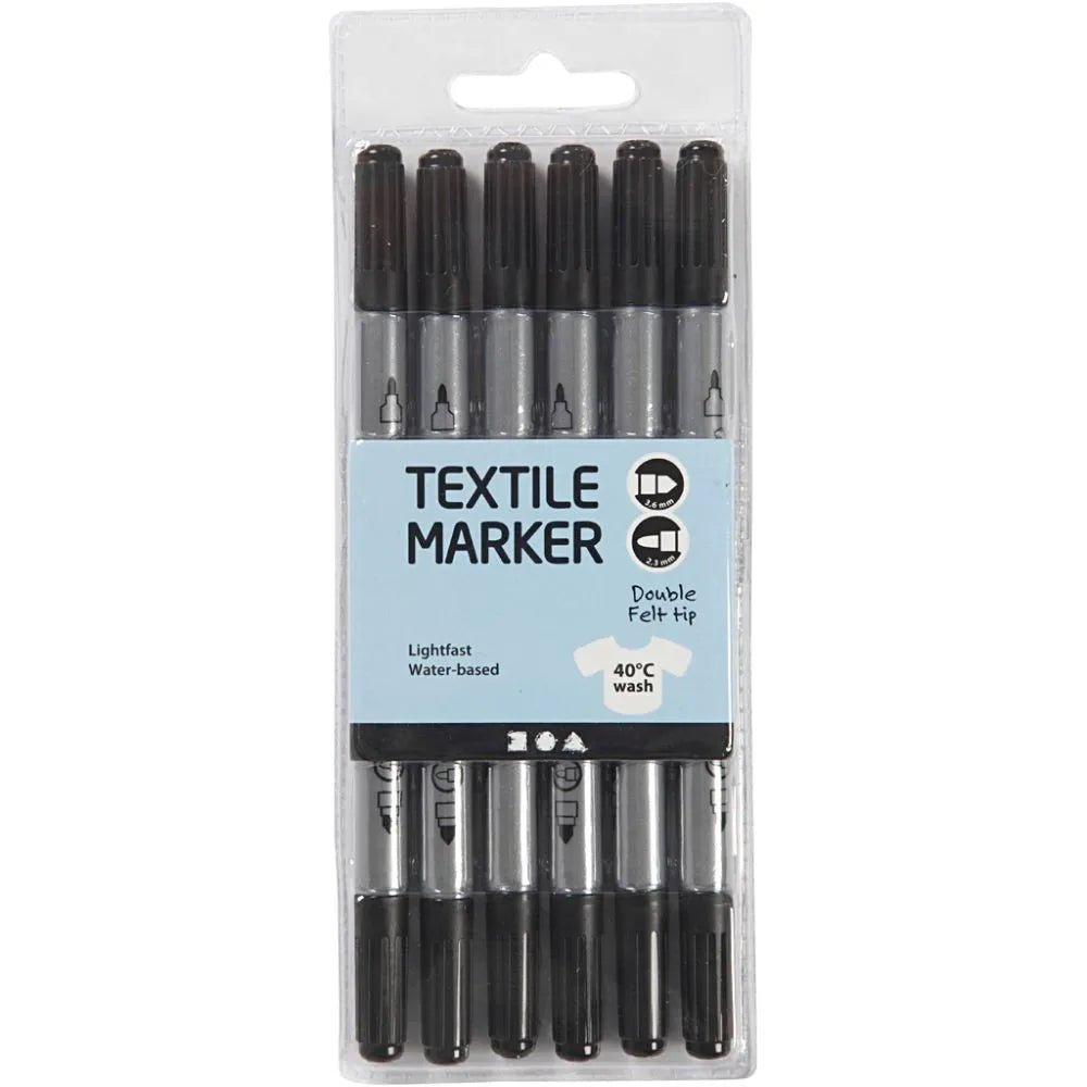 6 x Black Colour Double Tip Textile Markers For Fabric Painting Decoration Craft