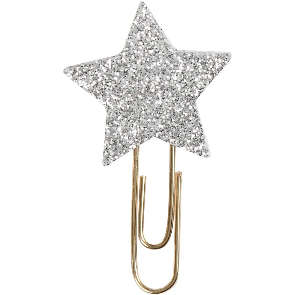 6 x Gold Plated Metal Glitter Paperclips Hearts Star Shaped Christmas Deco Craft