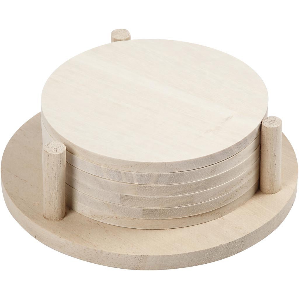 6 x Paulownia Wood Round Coasters With Holder Decoration Crafts D: 9.5 cm - Home - Crafts