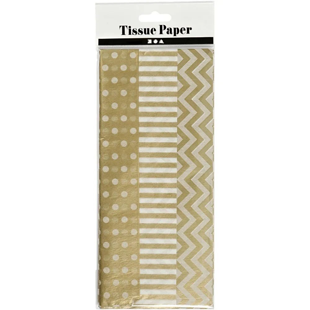 6 x Printed Tissue Paper Sheets Silver Gold 3 Assorted Designs Christmas Deco