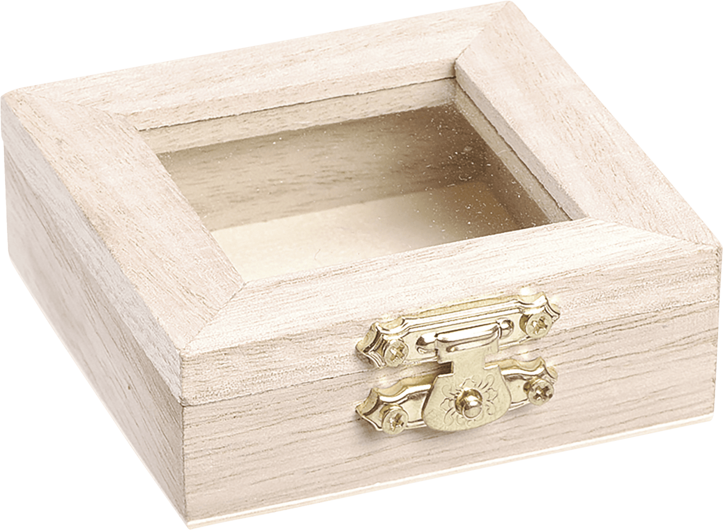 6cm & 7cm Natural Wooden Glass Pane Box Hinged Lid and Lock Single Compartment Craft Jewellery Box