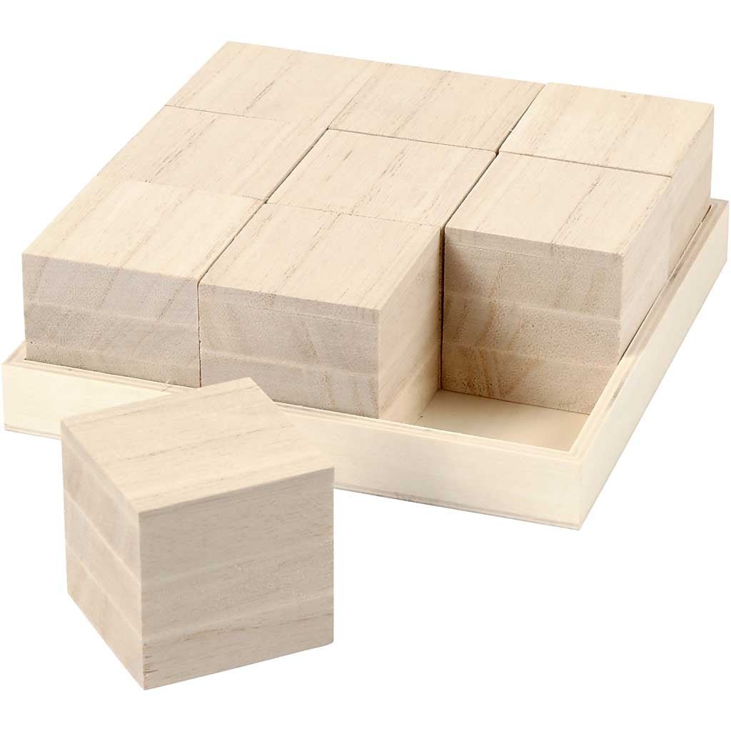 9 x Paulownia Wood Toy Cubes With Tray Decoration Crafts 4x4x4 cm - Home - Crafts