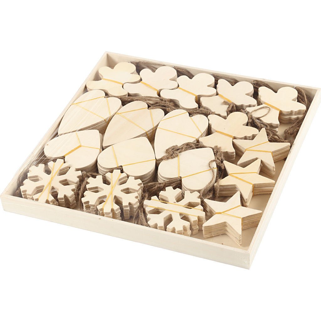 90 x Assorted Design Plywood Ornaments With Cord Christmas Decoration Crafts 9 - 11 cm - Home - Crafts