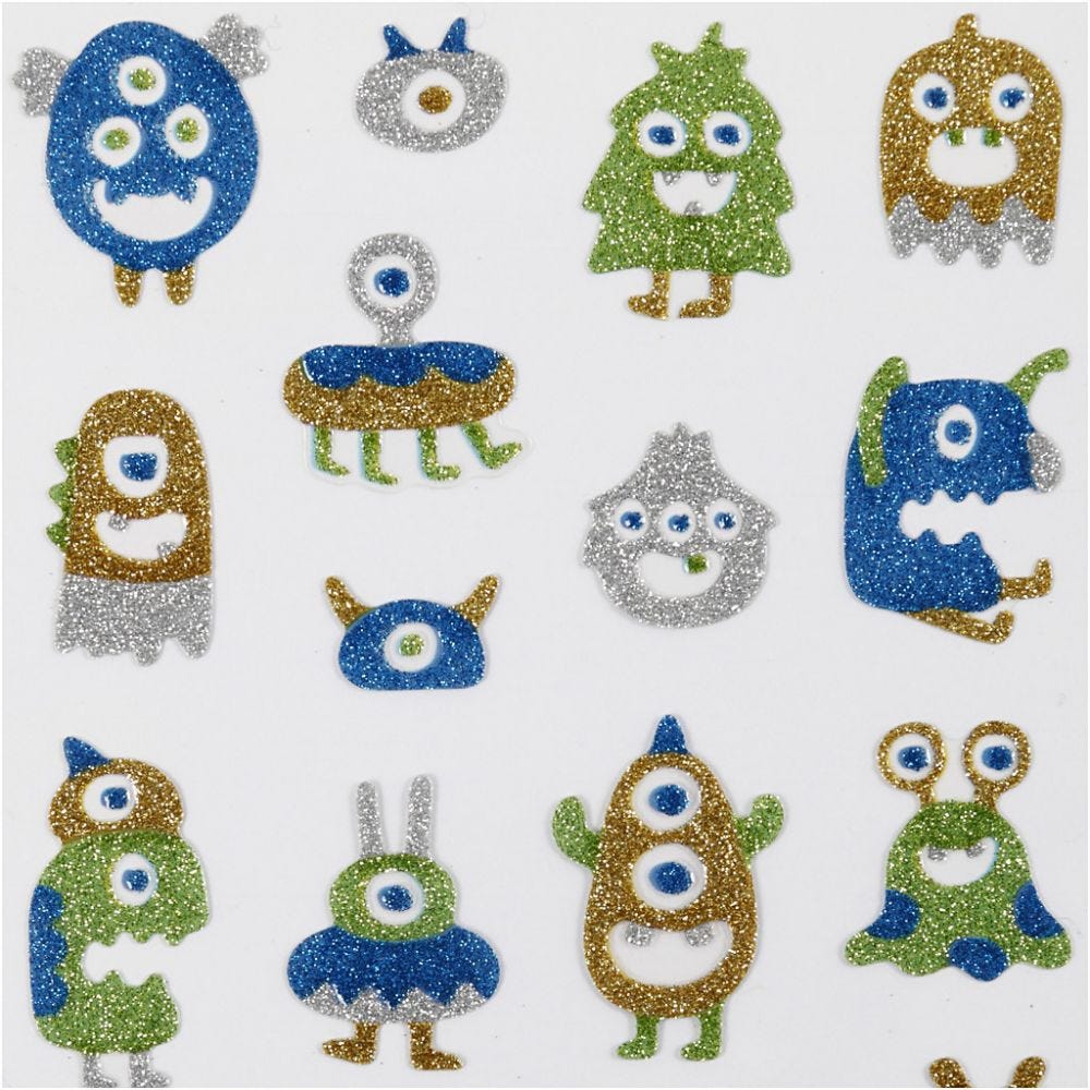 Aliens Monsters Glitter Stickers Sheet 10x16cm Sparkly Self-Adhesive Punched Greeting Cards Gift Tags