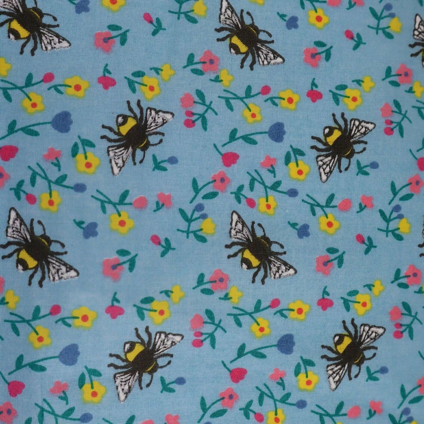 Bumble Bees Blue Polycotton Children Fabric Sold By Half Metre